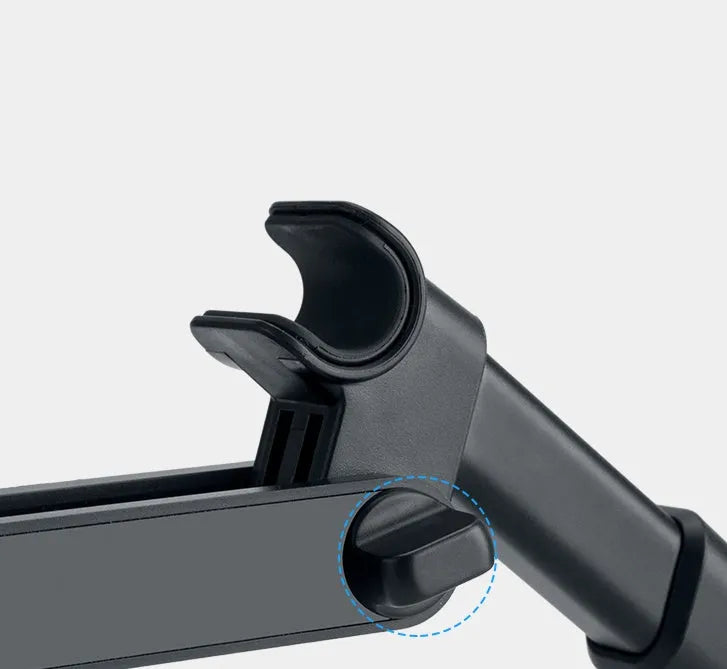 Black car phone holder mounted on rear seat base with universal tablet cradle