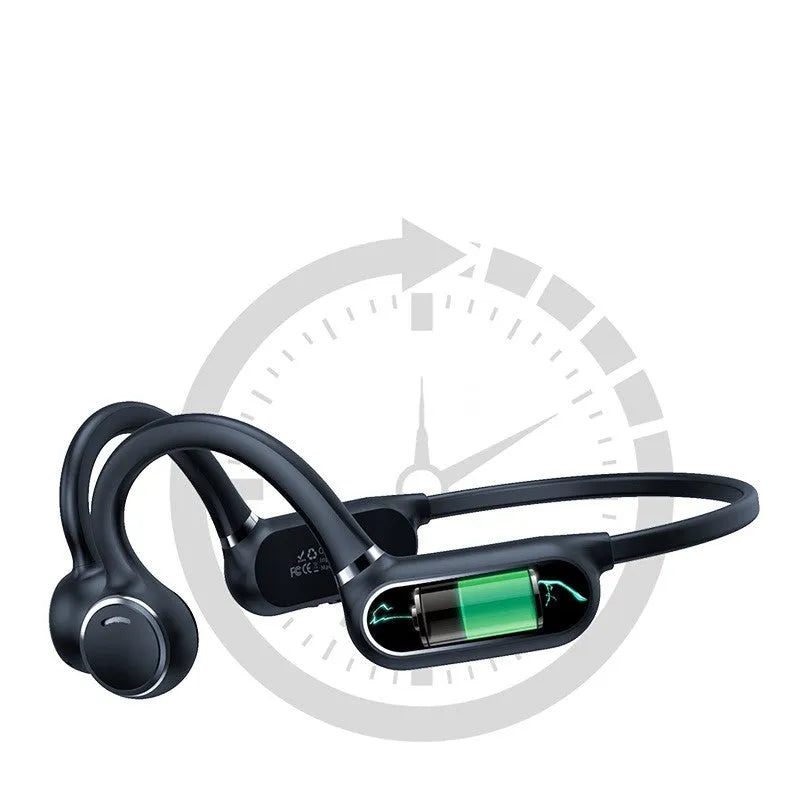 Black air conduction Bluetooth earphone with titanium frame showing open-ear design