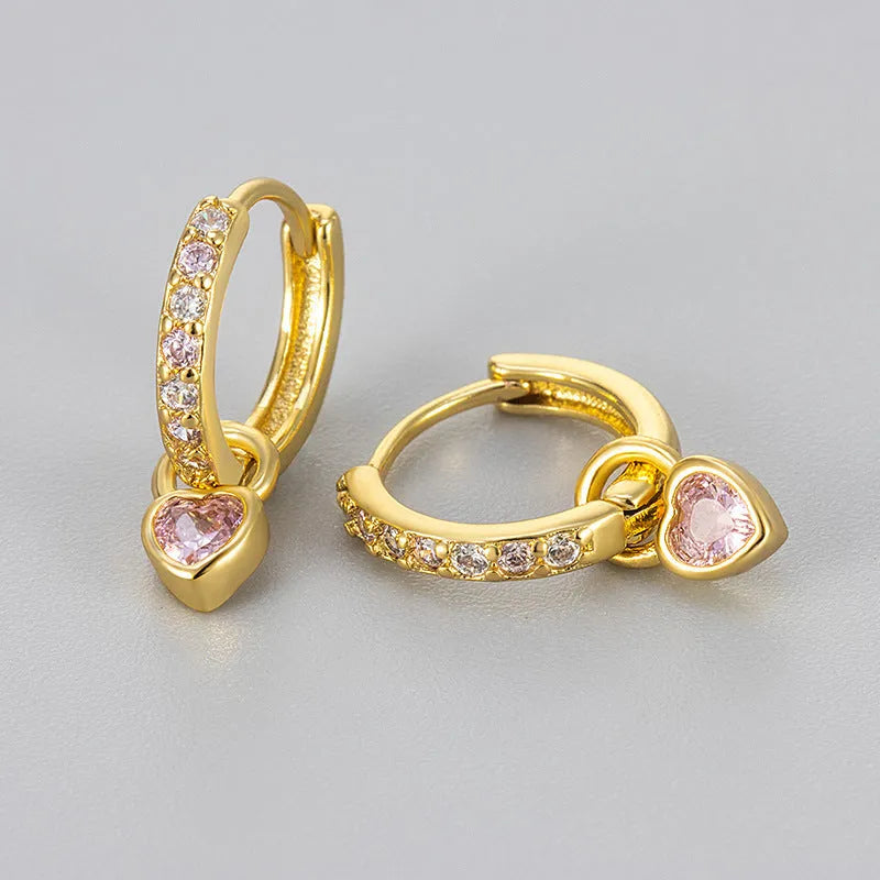 Women's heart-shaped zircon earrings with coloured gemstones in gold or white gold finish
