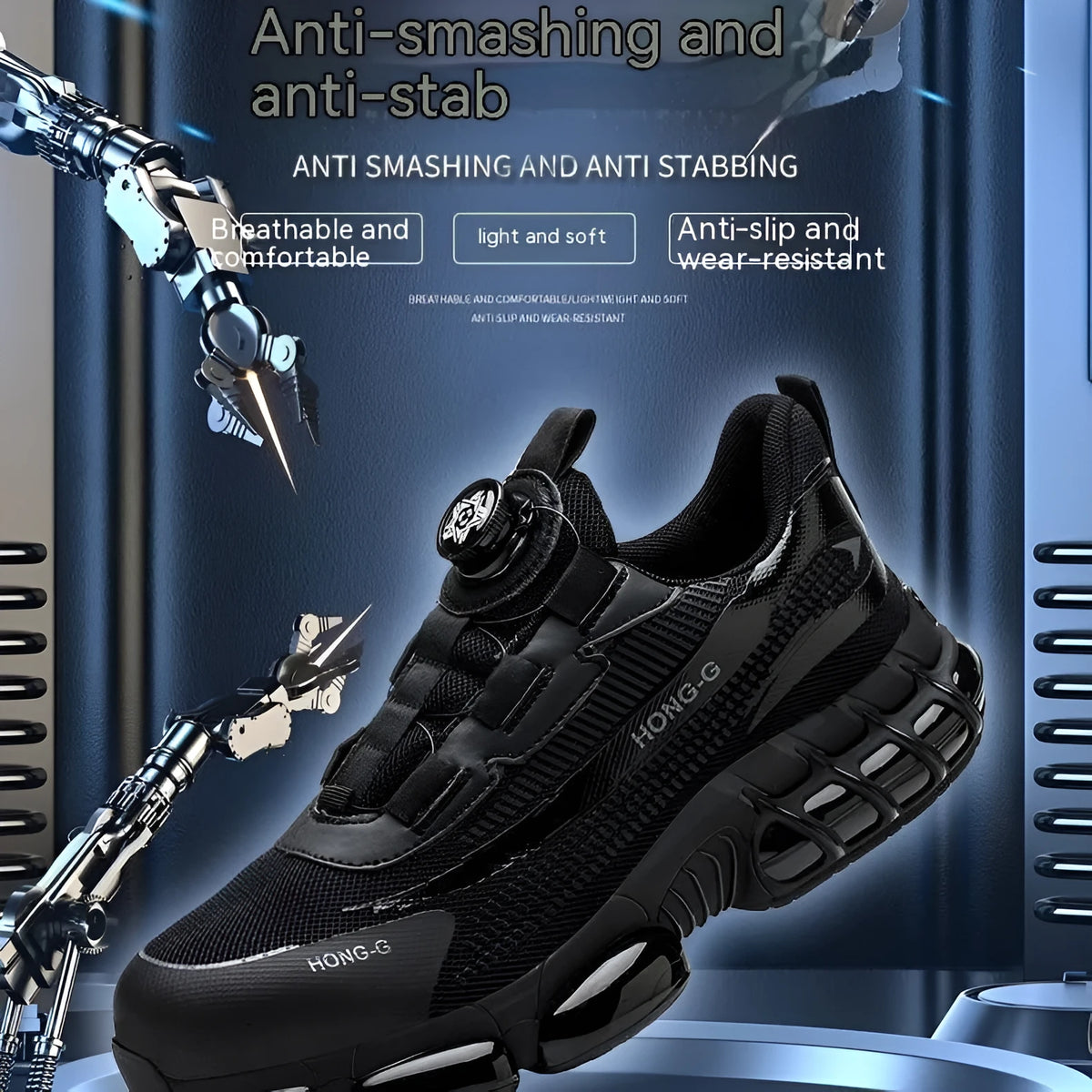 Lightweight black anti-smash work shoes with a Flyknit upper and steel toe cap on a white background.