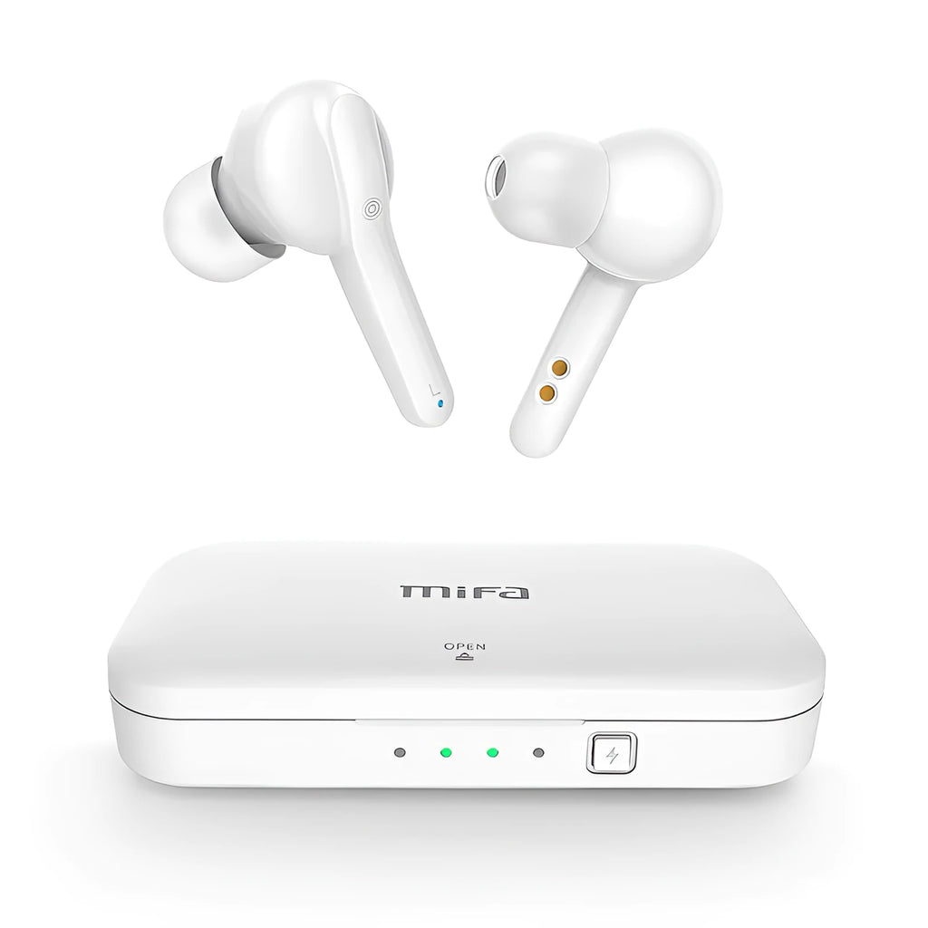 Black and white TWS wireless Bluetooth earbuds with an IPX5 waterproof rating.