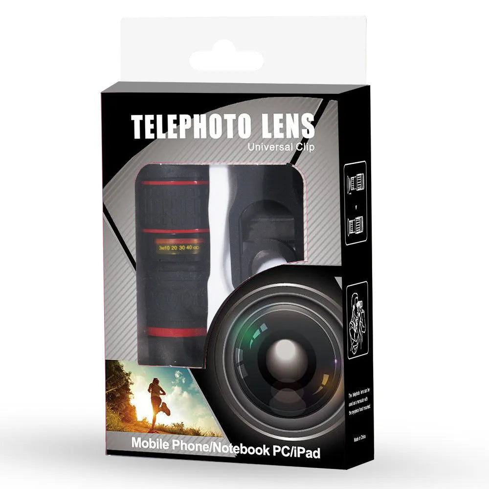 20x magnification smartphone telescope with universal mounting clip and plastic housing on a mobile phone.