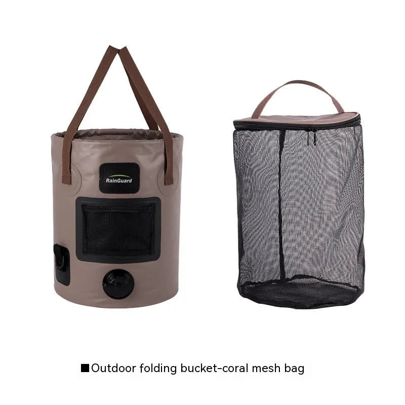 Lemon yellow 25-litre plastic folding fishing bucket showing its collapsible design and optional mesh pocket.
