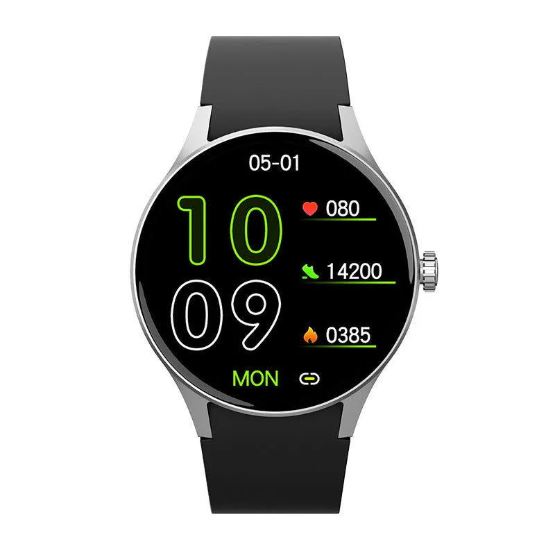 Smart watch with blood sugar monitoring on wrist showing AMOLED display and silicone band