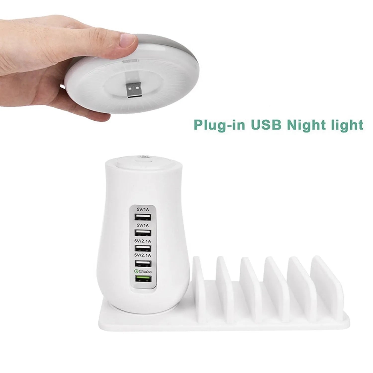 White USB charging station with five ports and built-in LED night light on wooden desk