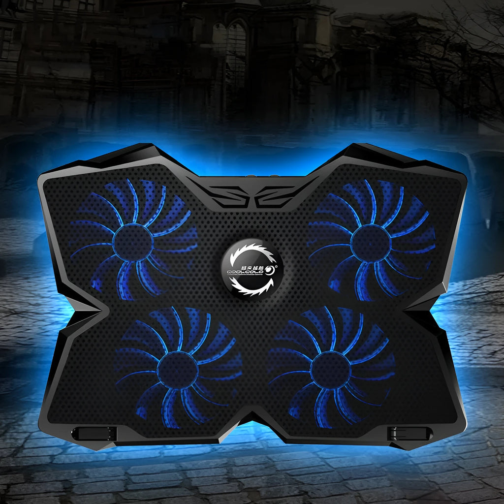Blue computer cooling pad with four illuminated fans and USB ports
