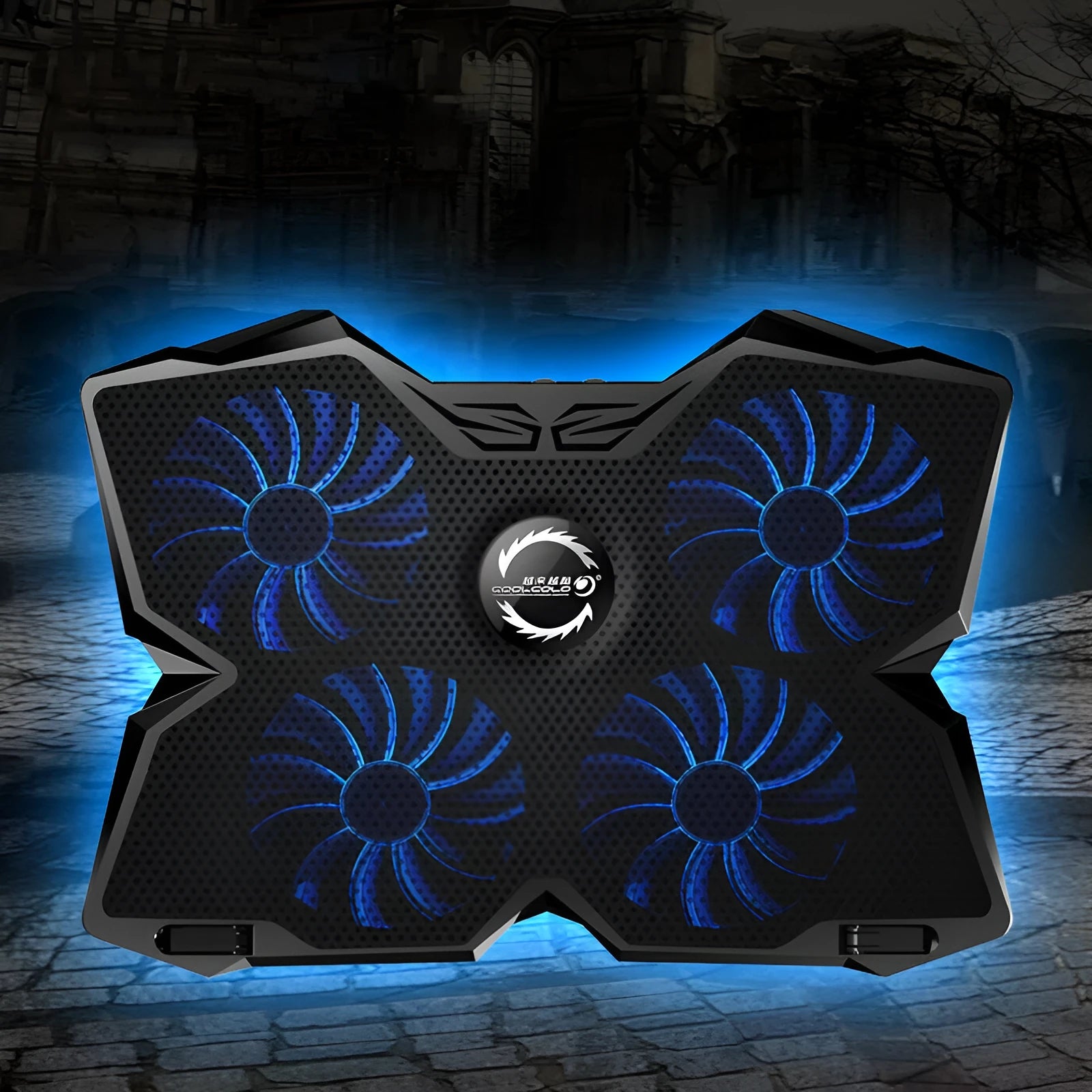 Blue computer cooling pad with four illuminated fans and USB ports