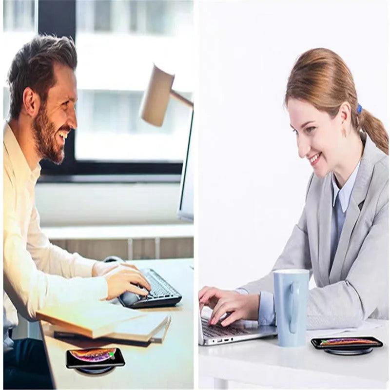 Black 15W fast wireless charging pad with anti-slip surface and LED light, measuring 10.1cm by 7cm