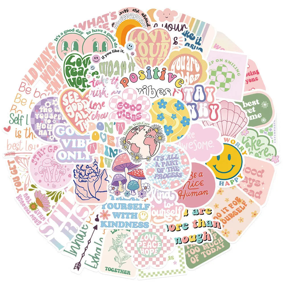 Motivational statement stickers, 50 self-adhesive Danish pink decals, 4-6cm, graffiti cartoon cute patterns.