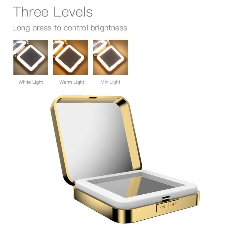 Black and white makeup mirror with dual magnification surfaces and adjustable lighting controls