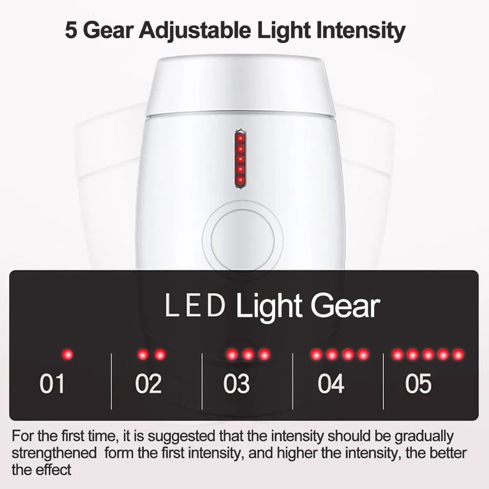 White home laser hair removal instrument with 5 energy gear settings and compact handheld design