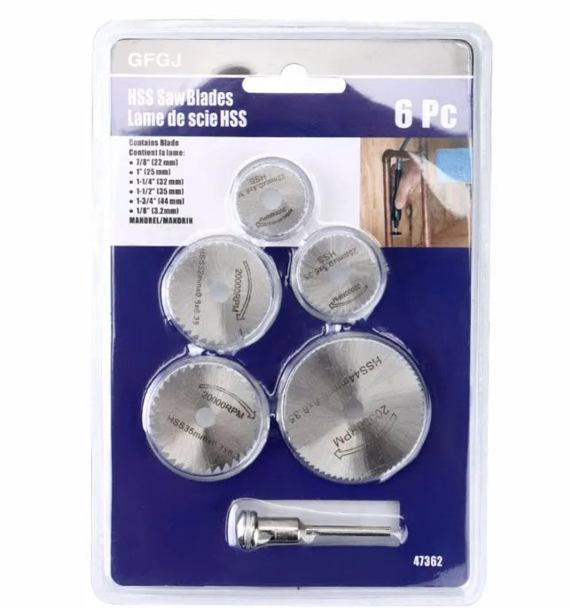 Set of 6 high-speed steel circular saw blades with mandrel for woodworking