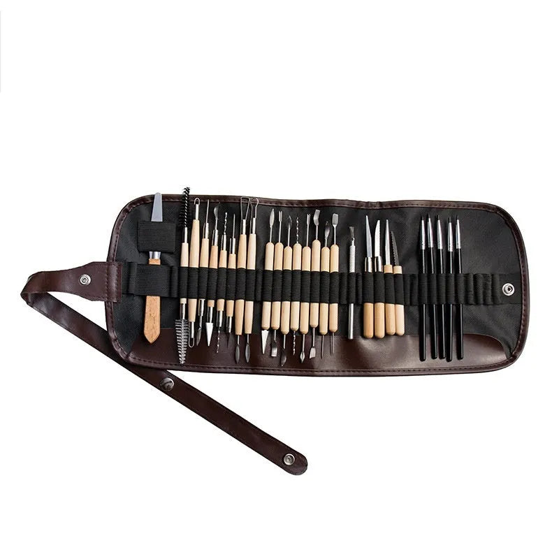 27-piece brown pottery clay tool set with stainless steel, wooden and plastic tools rolled in an OPP storage bag