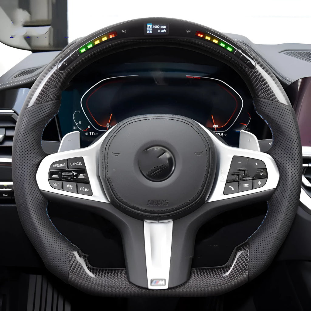 Black carbon fibre LED sports steering wheel for BMW X3 and X5 vehicles
