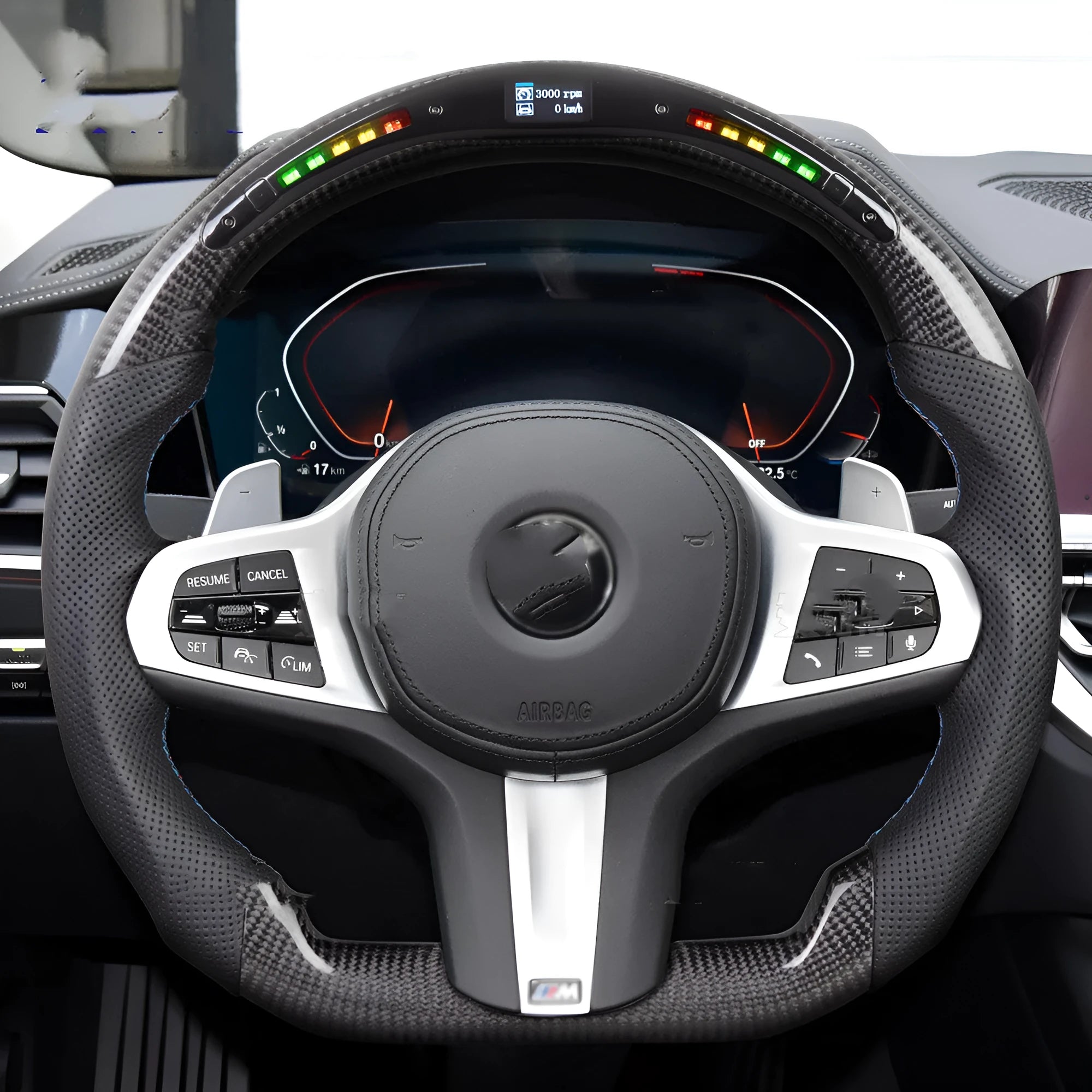 Black carbon fibre LED sports steering wheel for BMW X3 and X5 vehicles