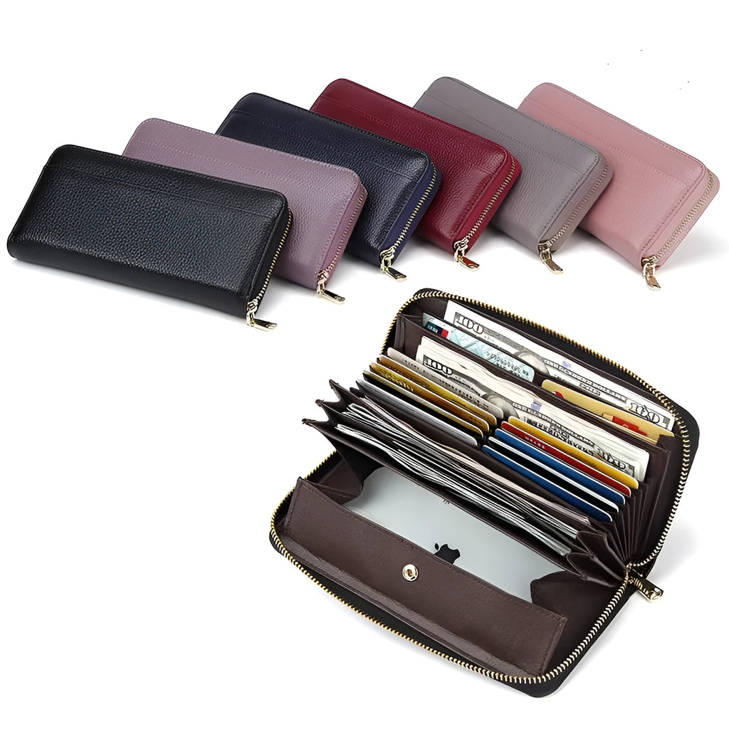Women's long genuine leather wallet showing interior card slots and six colour options