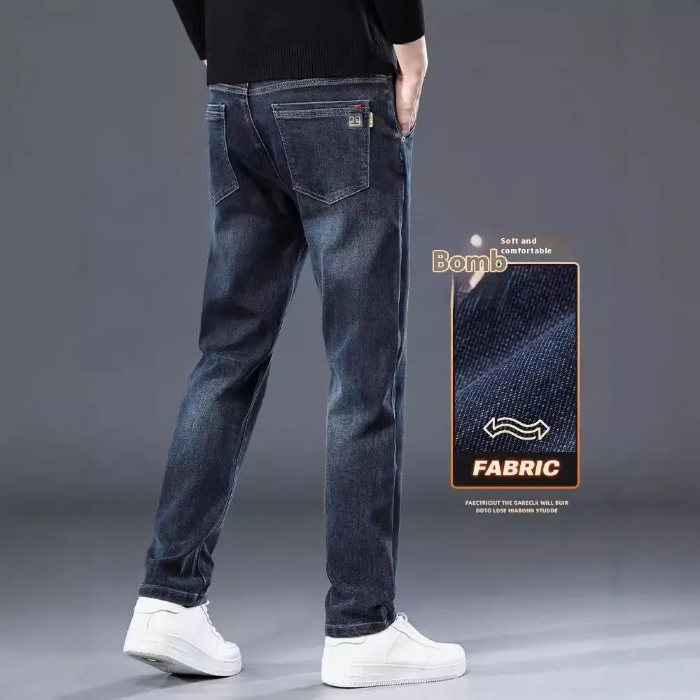 Men's slim straight casual trousers in polyester fabric with micro-elastic waist and zipper fly