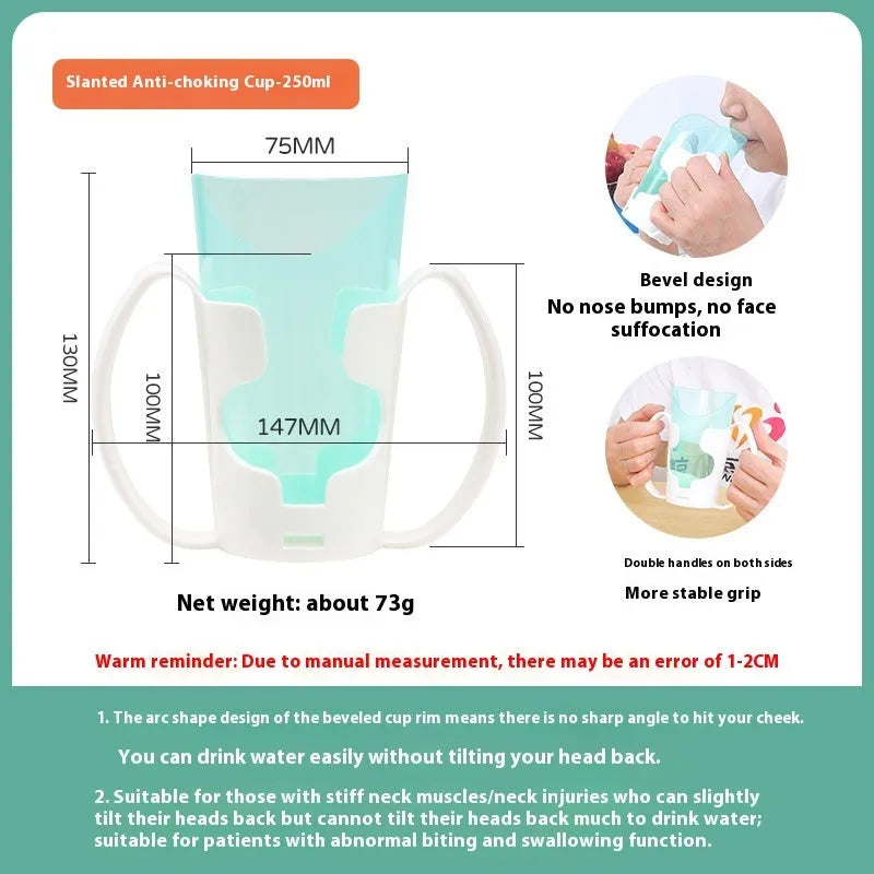 Oblique mouth anti-choke bedside drinking cup with handle and lid in PP plastic material