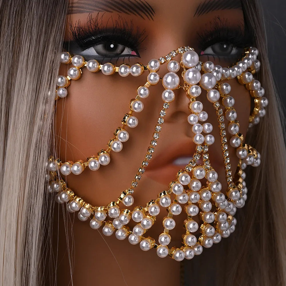 Geometric alloy face mask with rhinestone decoration in silver or gold finish