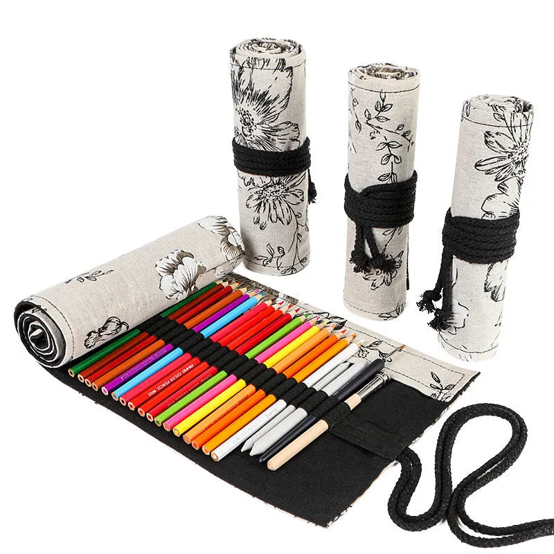 Black Peony cotton and hemp pencil curtain roll bag with 24 or 72 holes and printed canvas finish