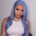 Body wave human hair lace front wig on a stand, showing medium-long length and lace front construction.