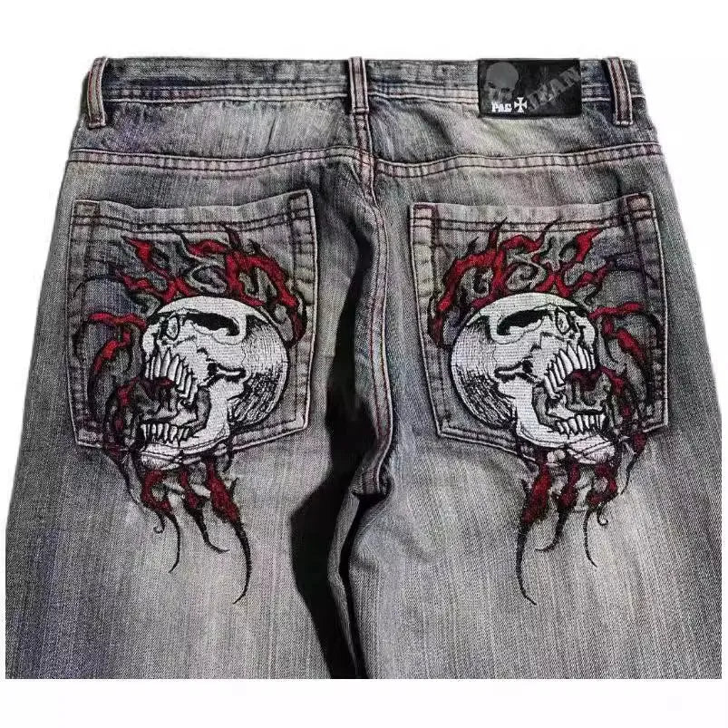 Gray washed-out men's straight-leg jeans with wide-leg design and micro-elastic polyester denim fabric