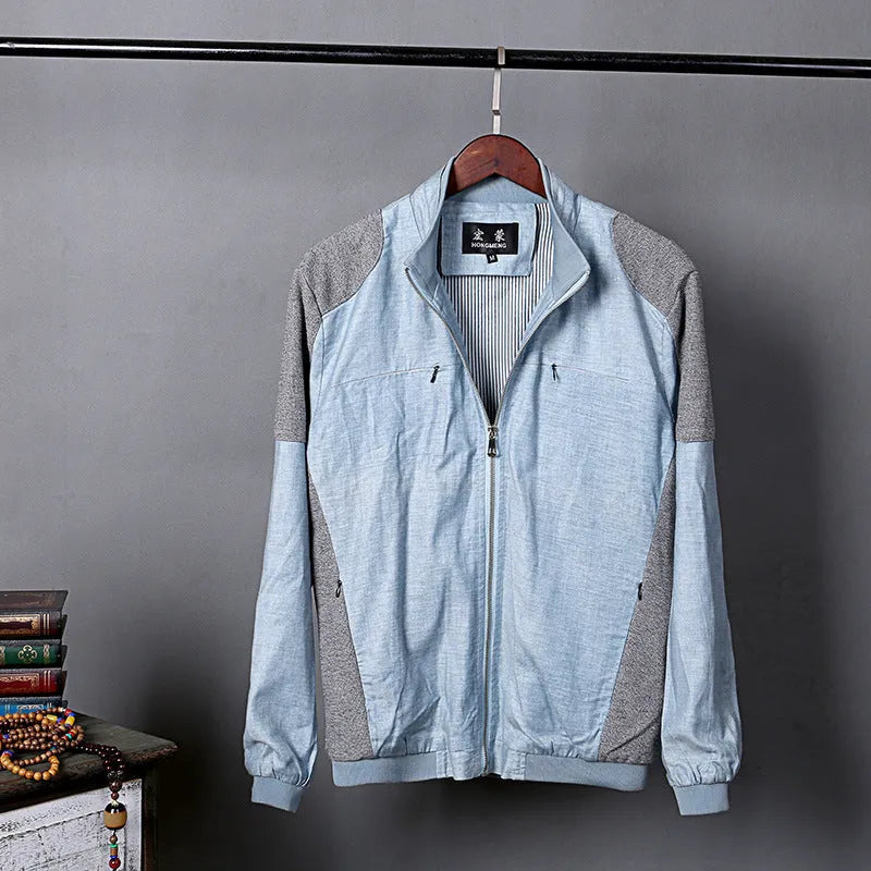 Men's blue cotton linen jacket on a hanger, showing regular fit and button front.