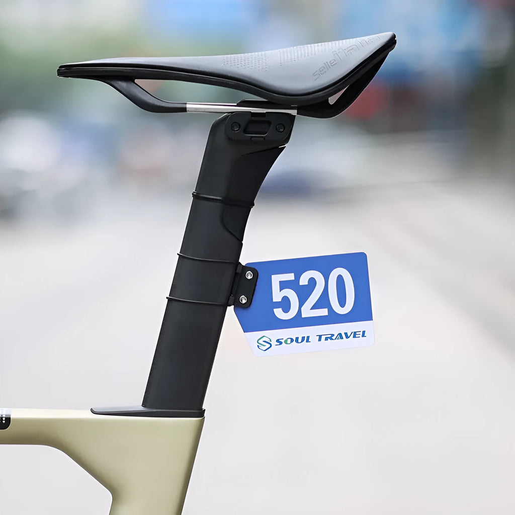 Bicycle number plate bracket for round tube and cracked air duct, plastic resin mount with leather rings and tool