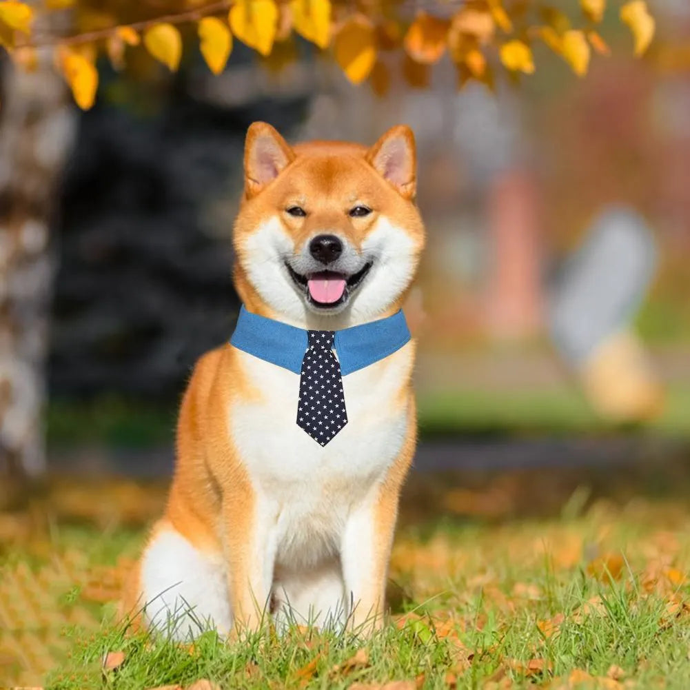 Adjustable denim dog collar with star-pattern bow tie attachment for formal occasions