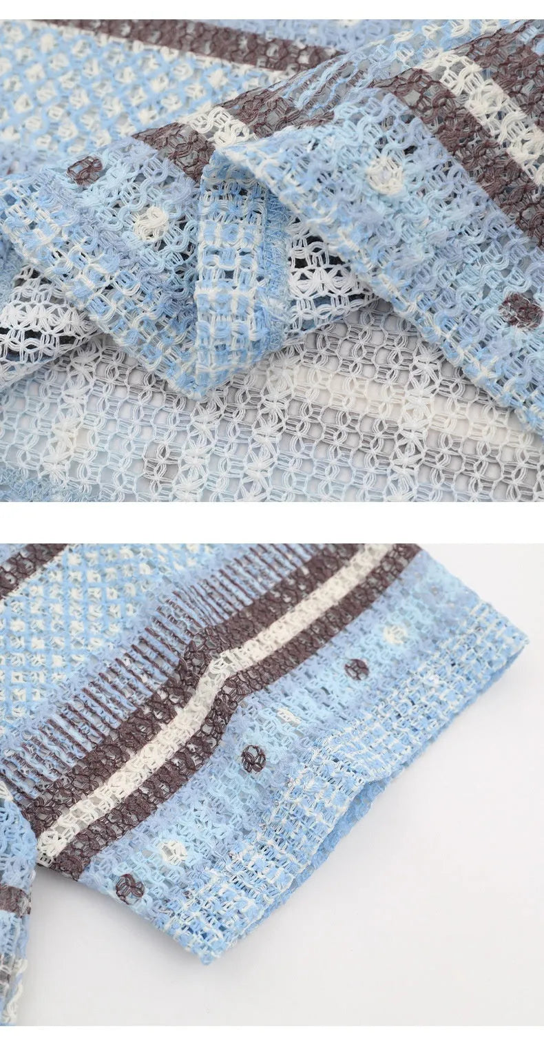 Men's blue printed short-sleeve shirt with elastic polyester fabric in loose fit