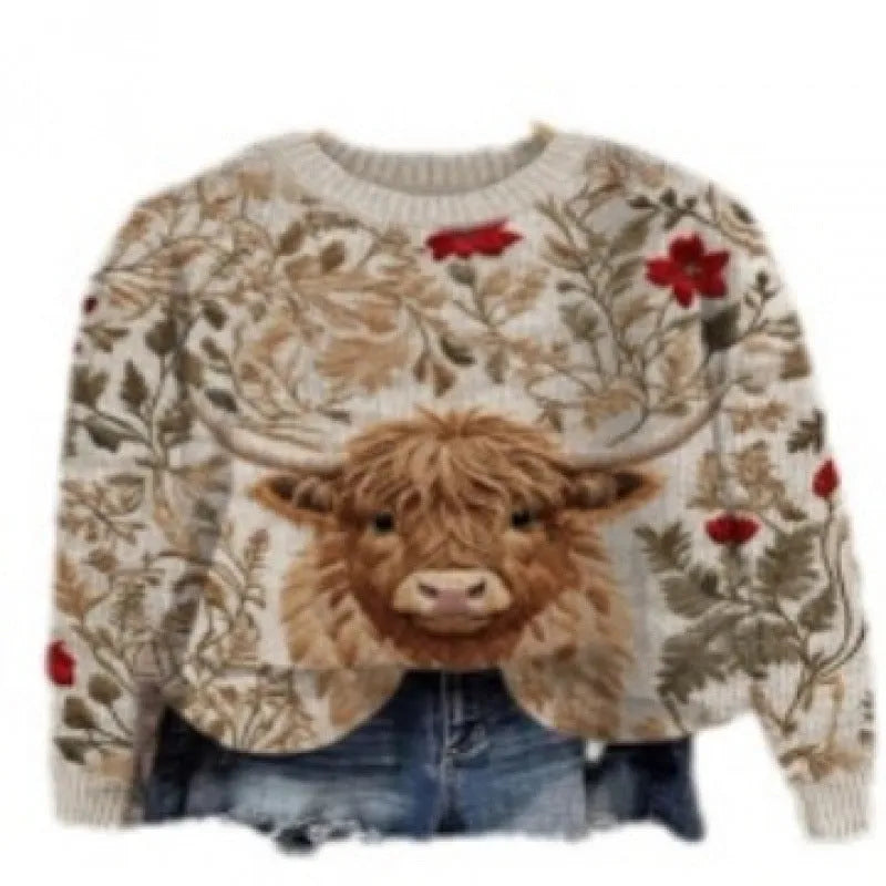 Digital printed little flower pattern round neck sweater in polyester fabric