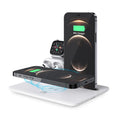 Black and white desktop wireless charging station for phone, watch, and headphones showing 175mm width.