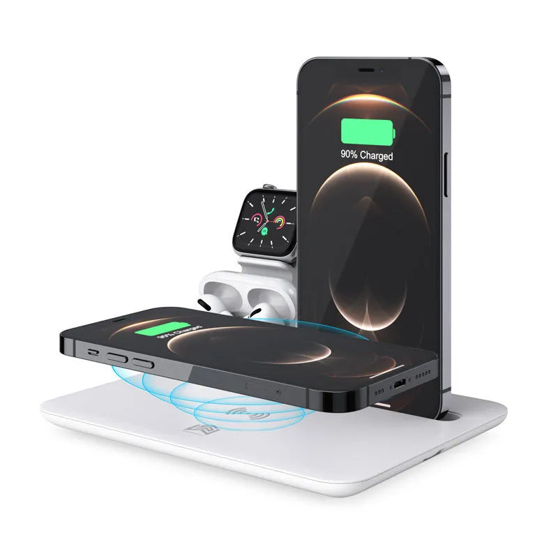 Black and white desktop wireless charging station for phone, watch, and headphones showing 175mm width.