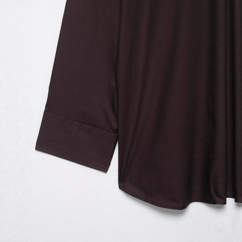 Brown women's long sleeve polyester poplin shirt with bow tie scarf detail, loose fit cardigan style