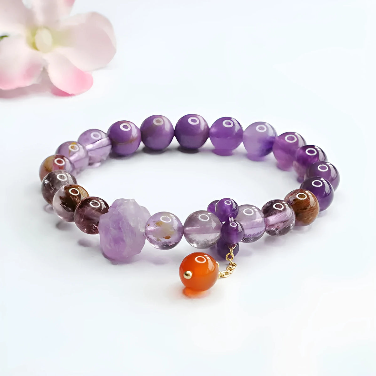 Natural nine purple amethyst and red agate multi-treasure crystal bracelet with 7-8mm beads