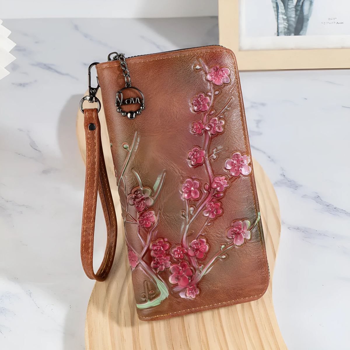 Embossed floral pattern Chinese style handbag with zipper closure in black, brown or coffee