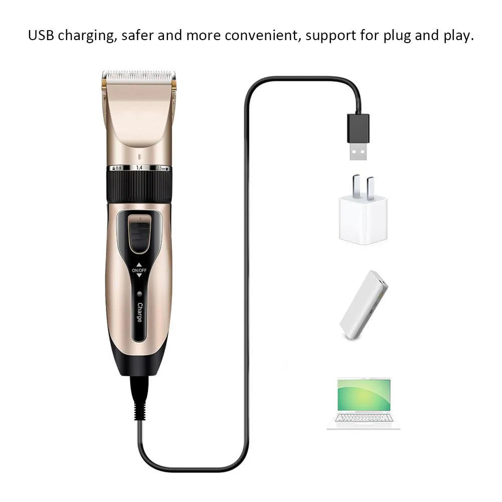 Gold cordless pet grooming clipper kit with ceramic titanium blade, four guide combs and grooming tools