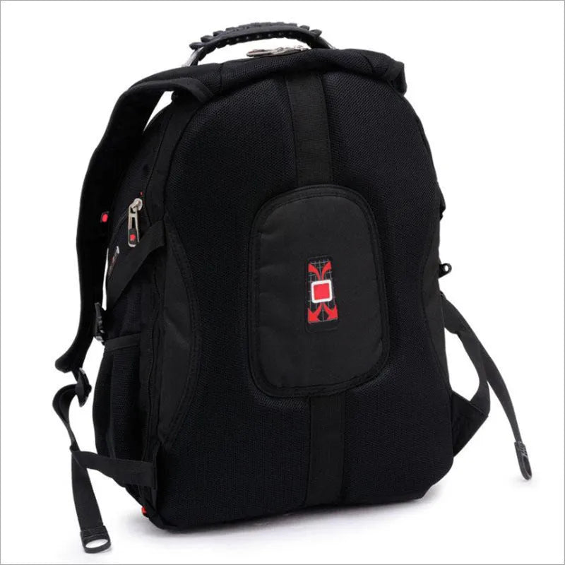 Black business computer backpack open to show three compartments and laptop sleeve