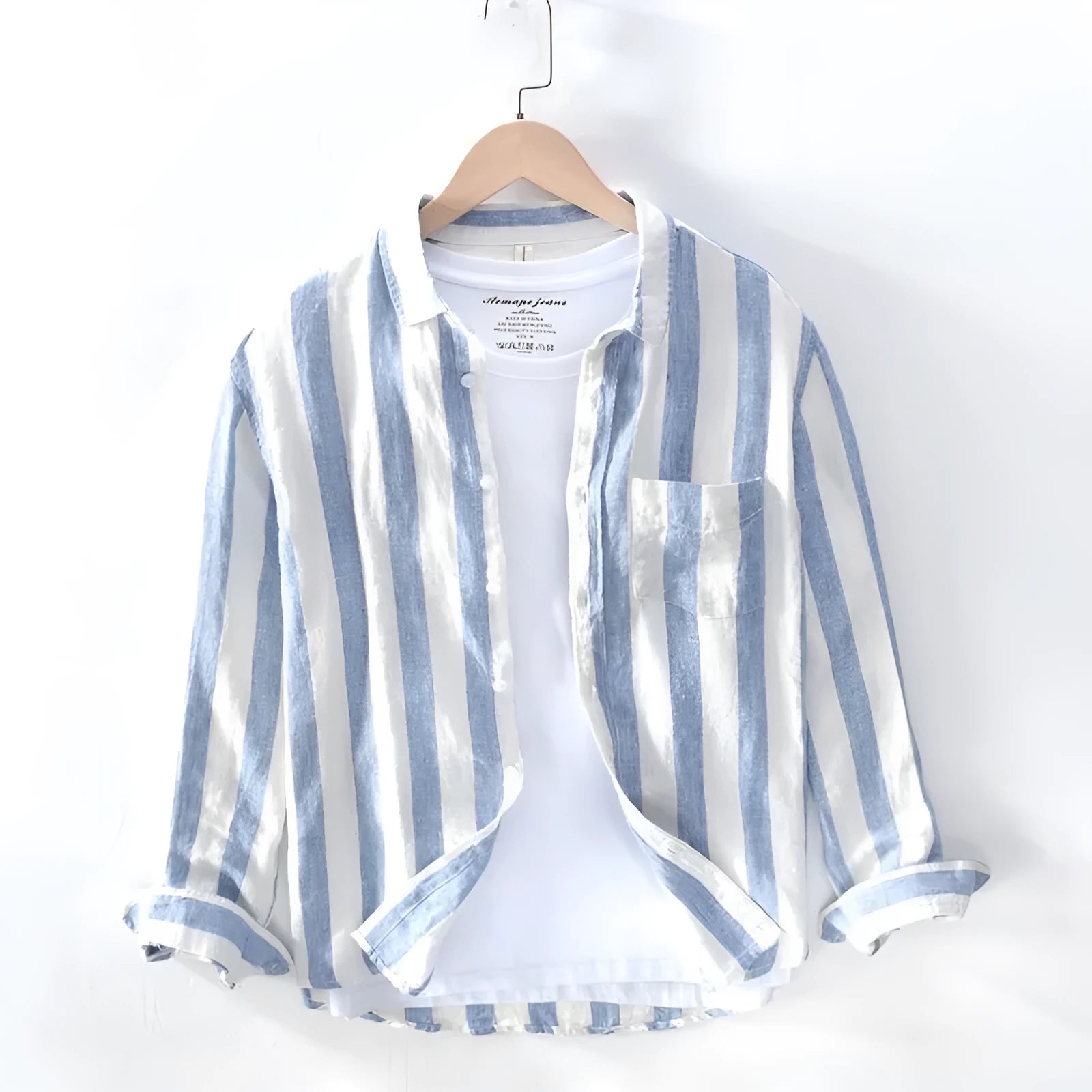 Blue long sleeve Hong Kong style men's shirt for plus size wearers with loose fit design