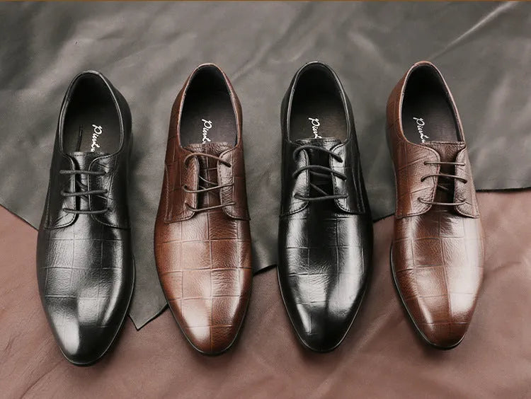 Men's black leather derby shoes with pointed toe, checkered sewing detail, and a rubber sole.