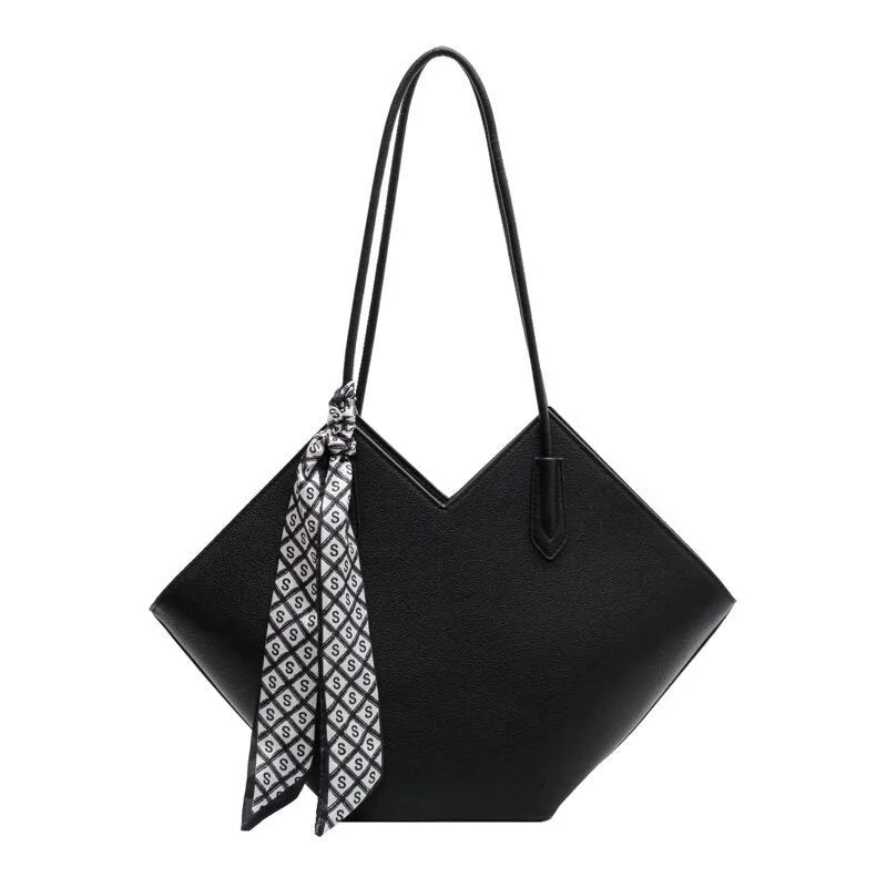 Women's black PU shoulder bag showing sandwich pocket compartments and 43cm width