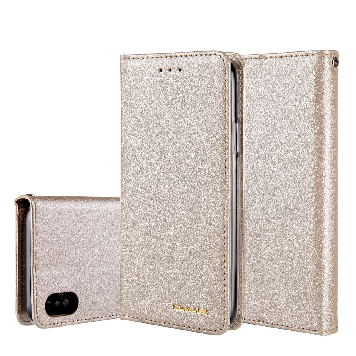 Apple iPhone flip wallet case with card slots in PU leather, shown in multiple colour options