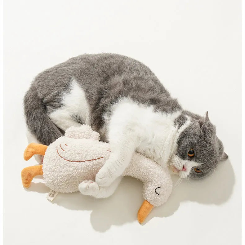Cartoon dog chew toy in teddy velvet fabric, shown as a duckling and a fox character on a white background.