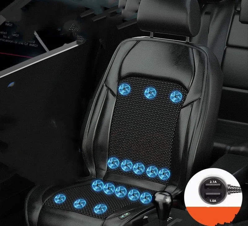 Car seat cooling cushion with ventilation grid and fan unit, shown in black colour