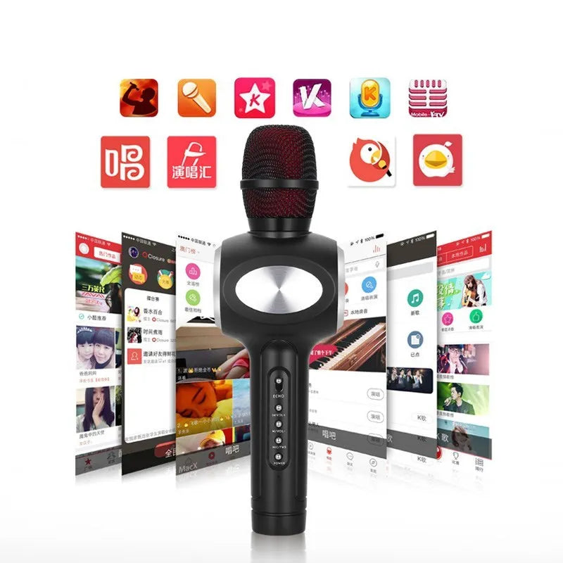 Yaerjia E108 wireless karaoke microphone with integrated speaker in black, gold, or pink colour.