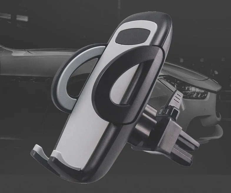 Black plastic car air conditioning vent mobile phone holder showing adjustable clamp for universal device mounting.