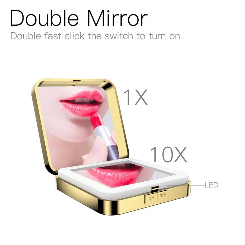 Black and white makeup mirror with dual magnification surfaces and adjustable lighting controls