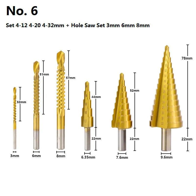 High-speed steel cone drill bit punch set with centre punch in six colour-coded configurations