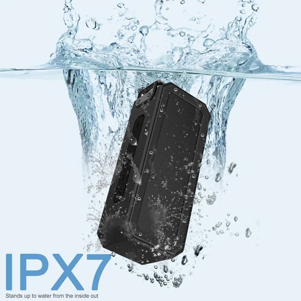 Black waterproof Bluetooth speaker with climbing rope attached showing dimensions 207x63x80mm