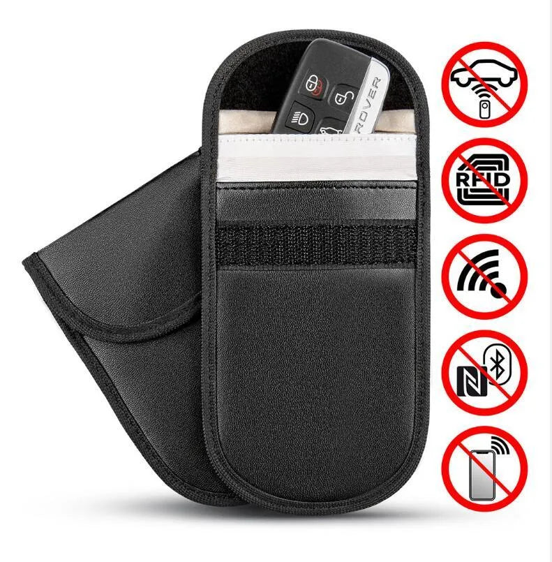 Black microfiber Faraday cage signal blocker bag for car keys and phones measuring 13.5 by 9.5 centimetres